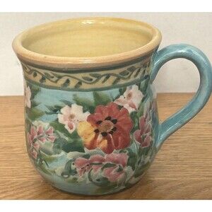 Sandy Kreyer Signed Pottery Mug Coffee Tea Cottage Core Yellow Blue Floral Rose